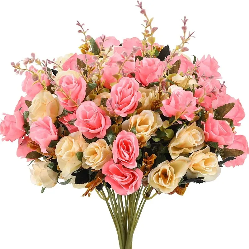 12 Heads Rose Artificial Flowers Fake Two Color Flowers with Stems Faux Roses Flower Bouquets Home Wedding Christmas Party Decor
