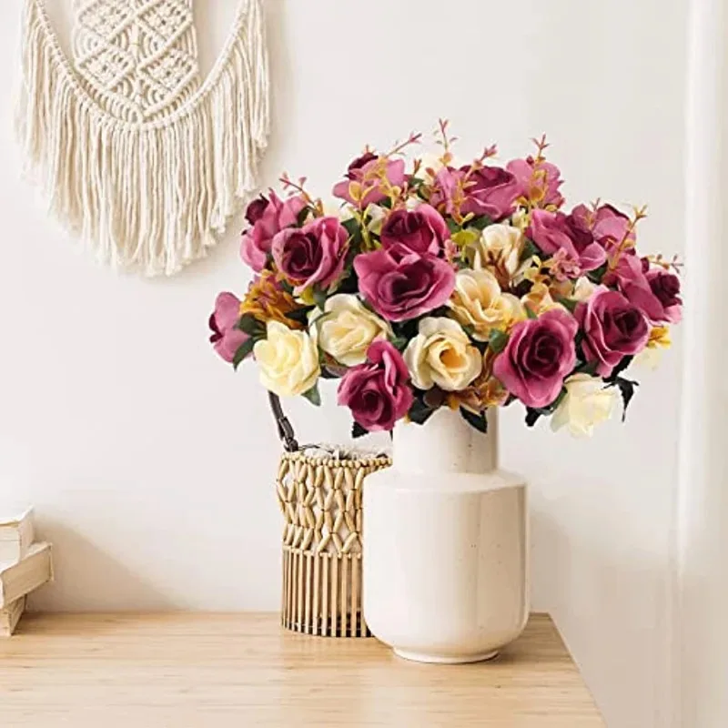 12 Heads Rose Artificial Flowers Fake Two Color Flowers with Stems Faux Roses Flower Bouquets Home Wedding Christmas Party Decor