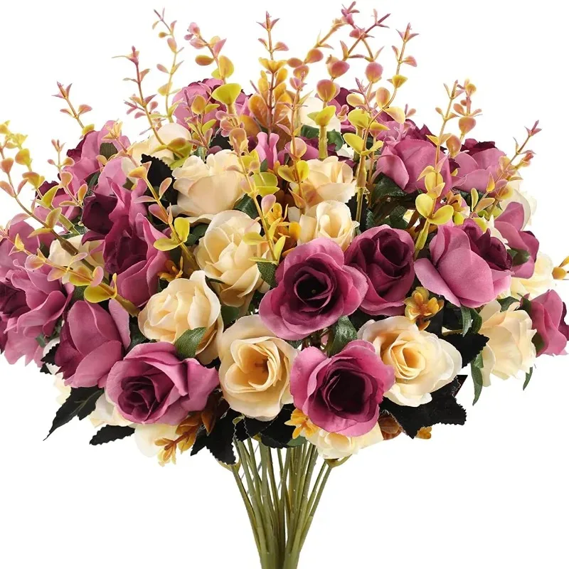 12 Heads Rose Artificial Flowers Fake Two Color Flowers with Stems Faux Roses Flower Bouquets Home Wedding Christmas Party Decor
