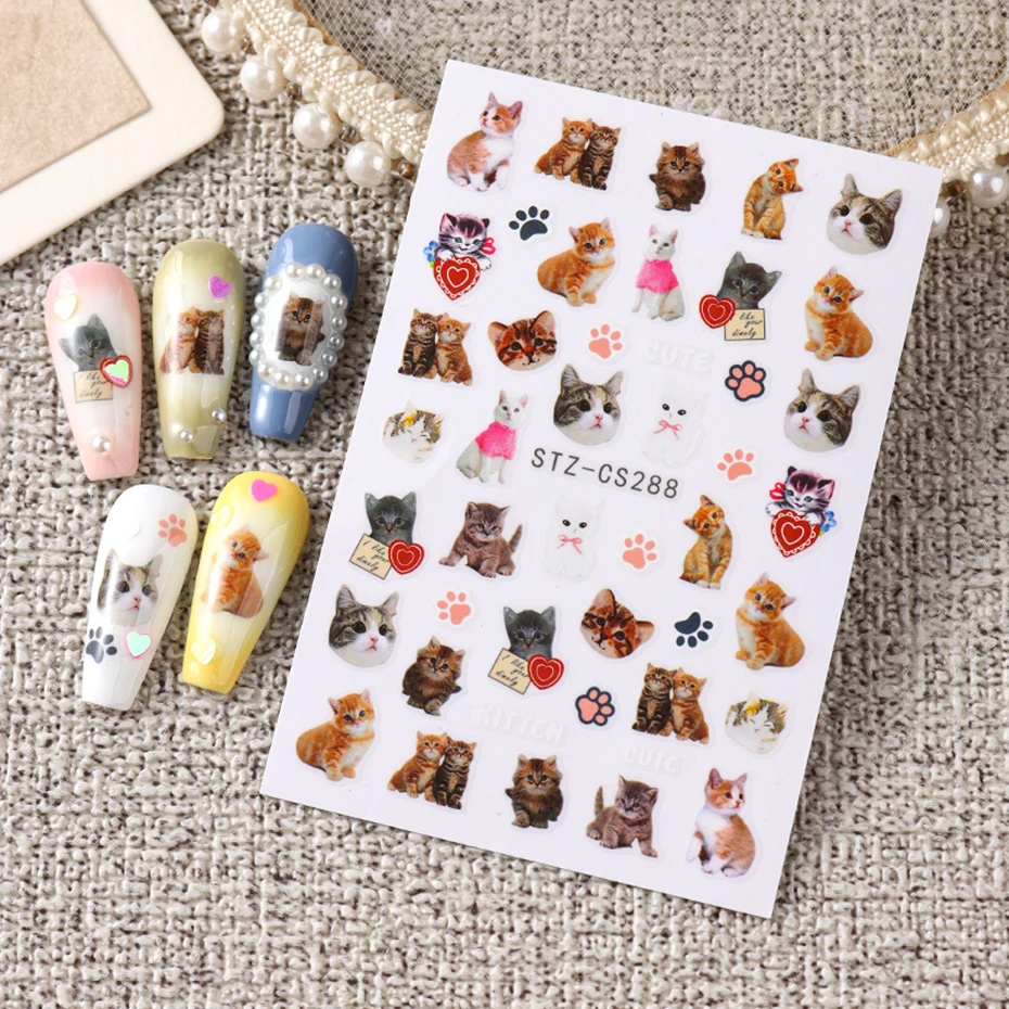 Lovely Dog Cat Animal Bunny 3D Korean Cartoon Scrawl Relief Self Adhesive Nail Art Stickers Cute Pretty Puppy Kitty Star Manicur