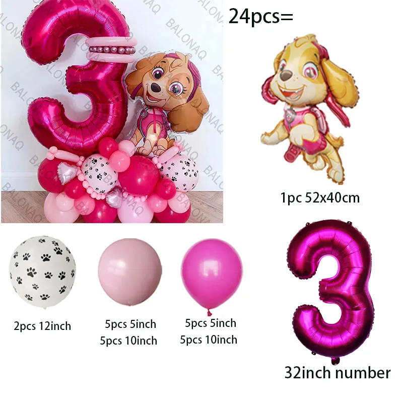 24pcs Pink PAW Patrol Skye Party Balloons Skye Number Foil Balloon Set Baby Shower Girls Birthday Party Decoration Kids Toy Gift