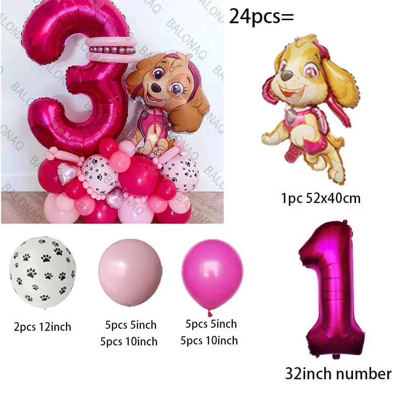24pcs Pink PAW Patrol Skye Party Balloons Skye Number Foil Balloon Set Baby Shower Girls Birthday Party Decoration Kids Toy Gift