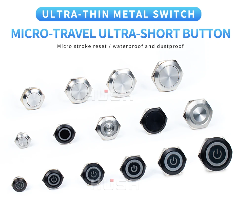 16/19/22/25/30mm With wires Short Stroke Waterproof Metal Push Button Switch 1NO Momentary Self Reset Led Light 12-24V/220V
