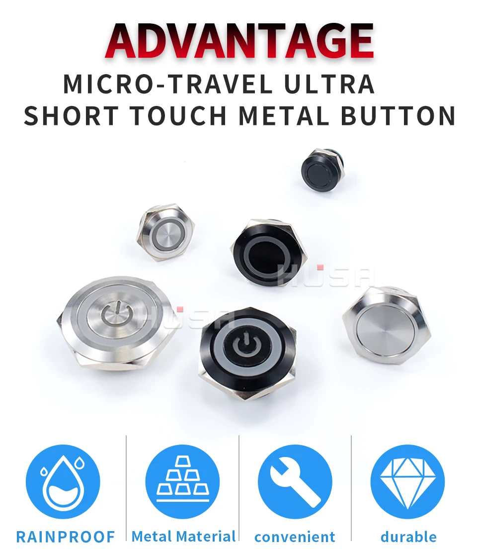 16/19/22/25/30mm With wires Short Stroke Waterproof Metal Push Button Switch 1NO Momentary Self Reset Led Light 12-24V/220V