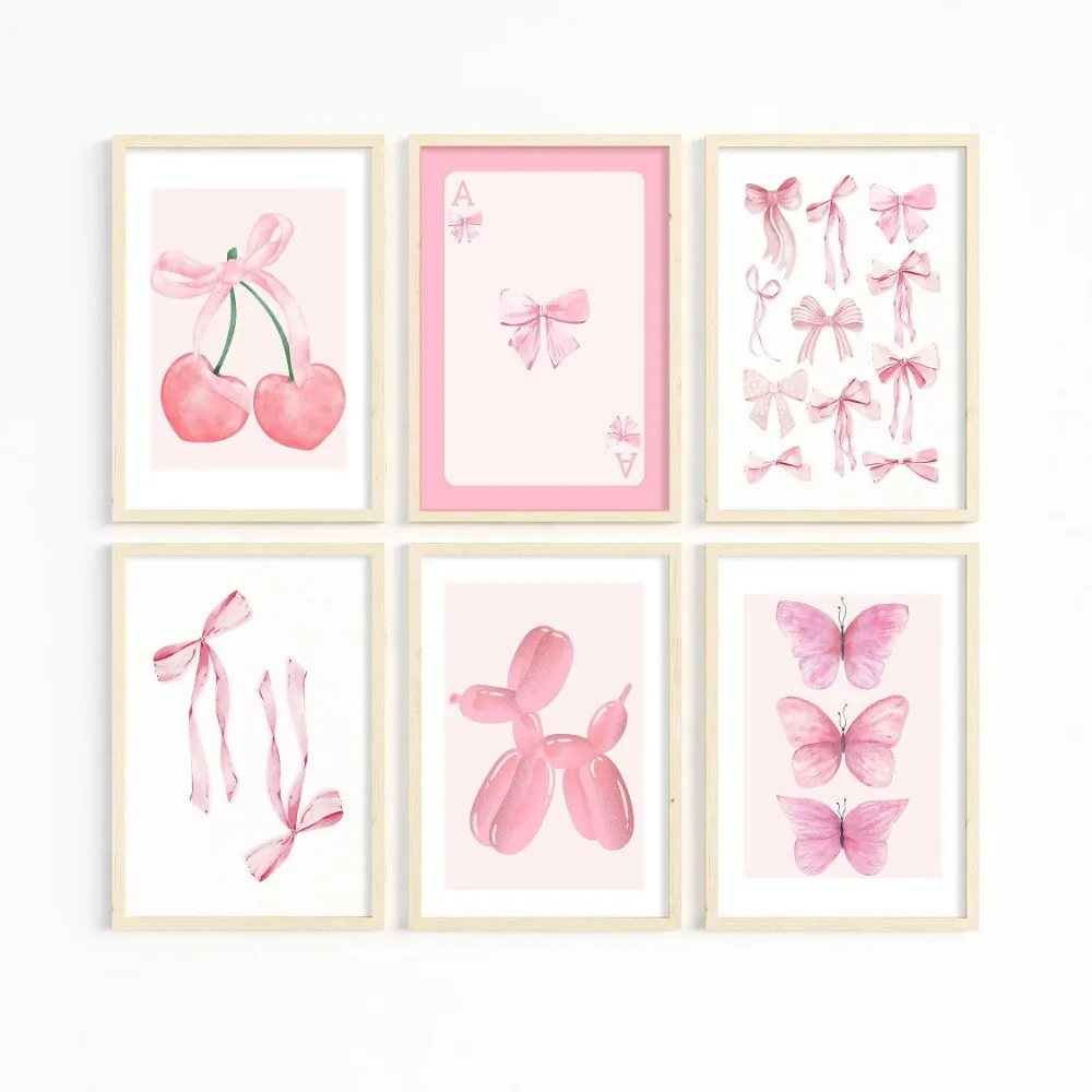 Trendy Pink Wall Art Bows Cherry Balloon Puppy Butterfly Canvas Painting Posters and Prints College Apartment Girl's Room Decor