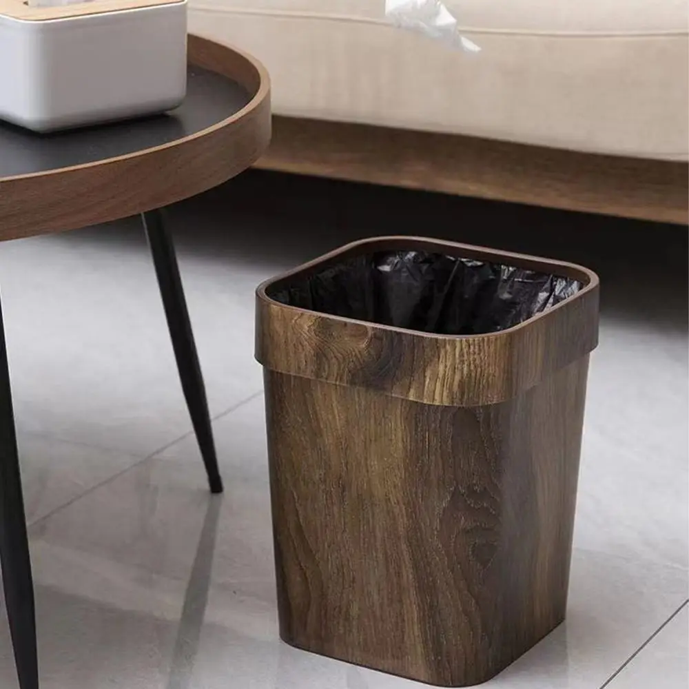 Square Wood Grain Trash Can Household Plastic Uncovered Office Bathroom Trash Can