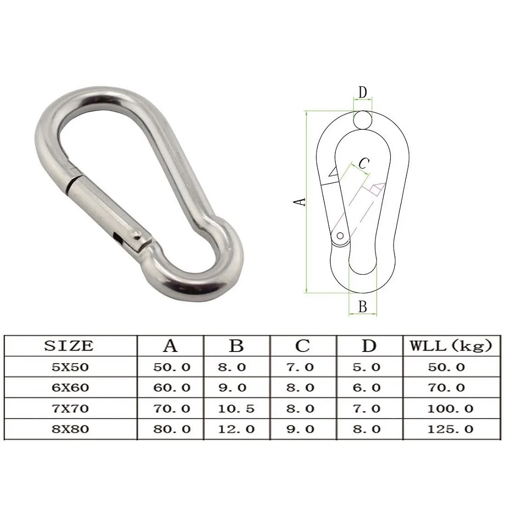 Carabiner Hook Marine Stainless Steel 50mm 60mm 70mm 80mm Length Large Heavy Duty Stainles Carabiner