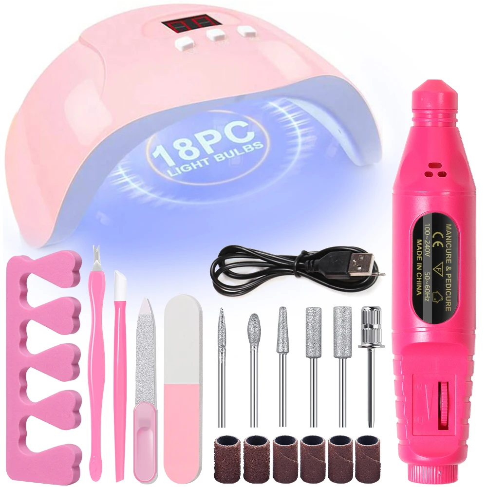 LINMANDA Nail Art Kit with 54W UV 18Pcs Lamp Glue Dryer Polisher Dead Skin Remover Finger Separator Manicure Pedicure Home Use