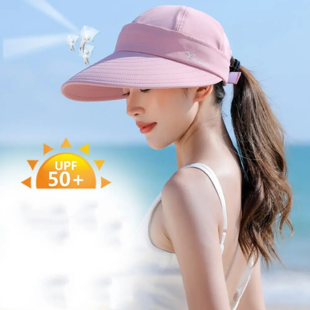 Outdoor Wide Brim Women Summer Sun Hat UV Protection Foldable Empty Top Ponytail Cap Detachable Adjustable Beach Cap
