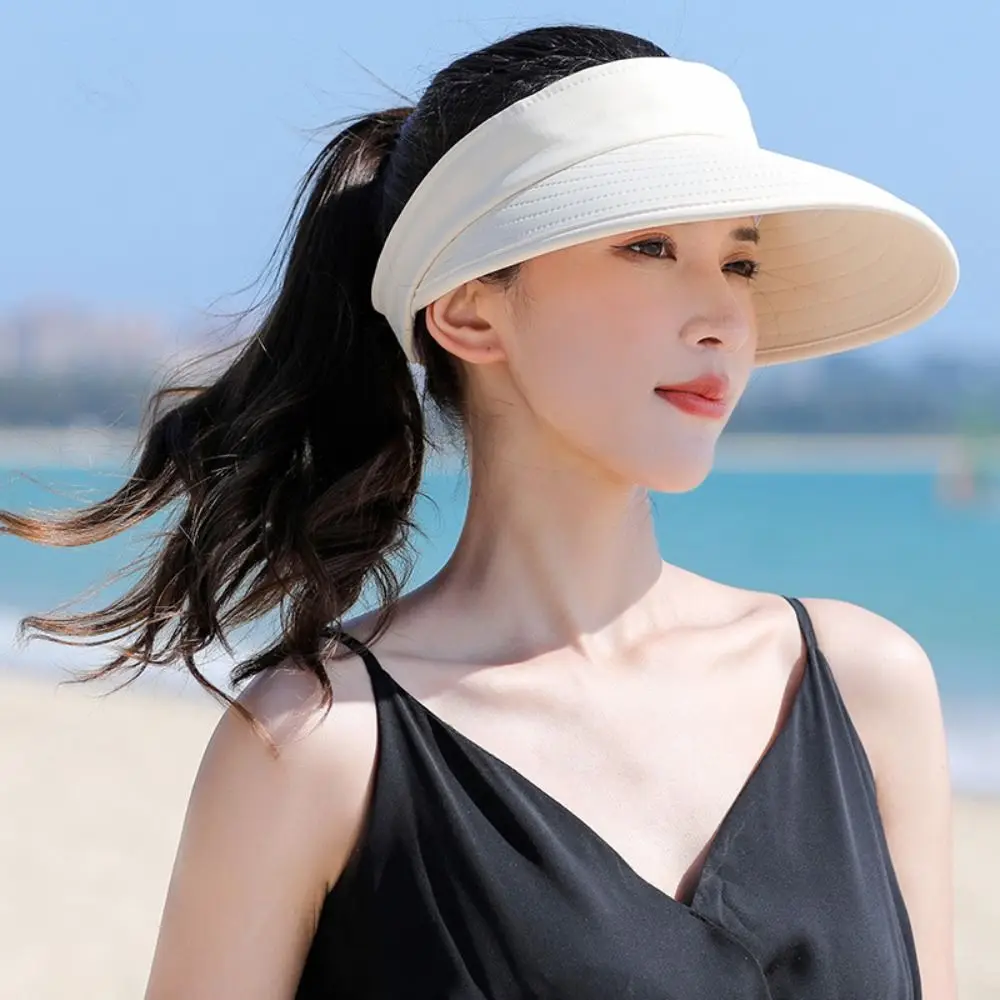 Outdoor Wide Brim Women Summer Sun Hat UV Protection Foldable Empty Top Ponytail Cap Detachable Adjustable Beach Cap