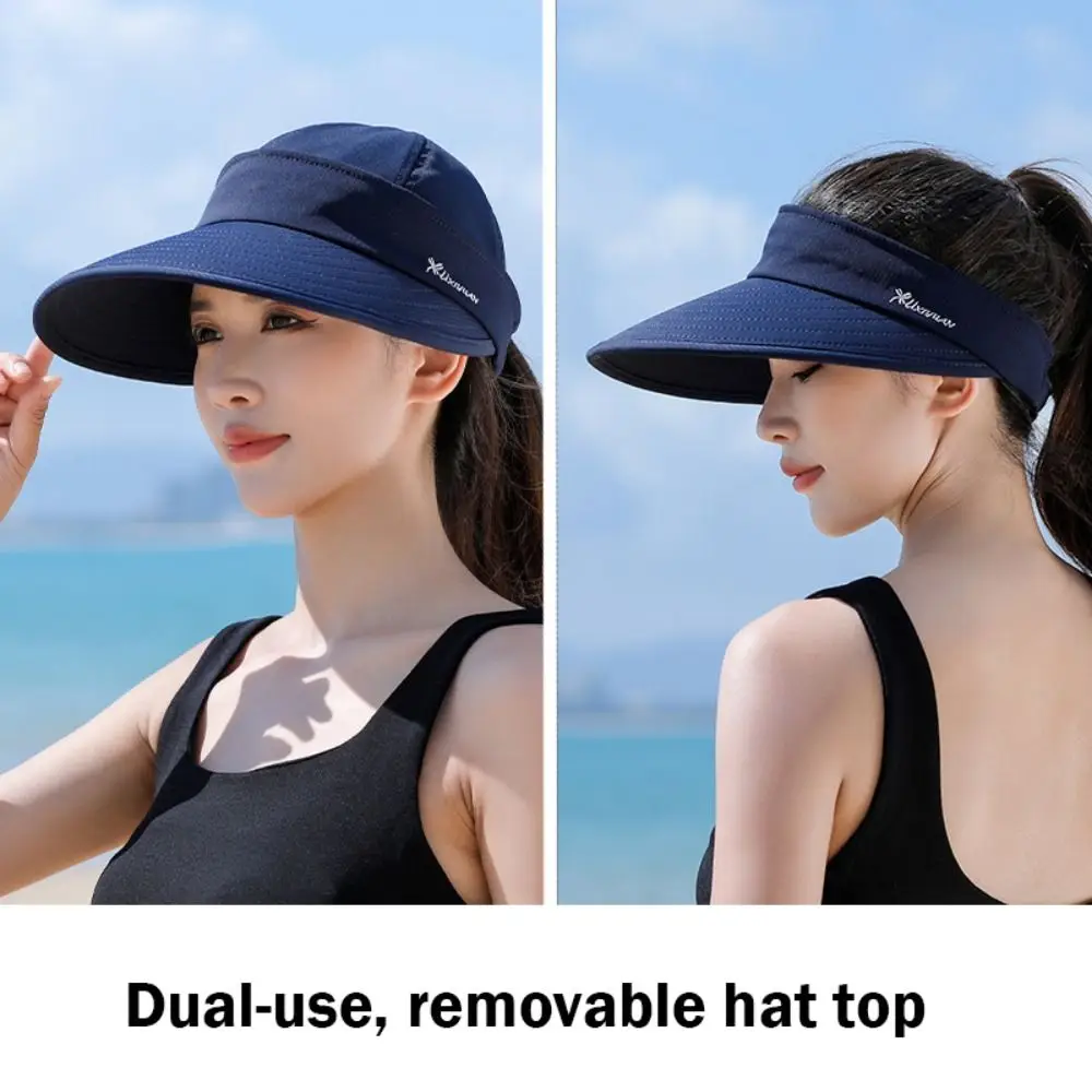 Outdoor Wide Brim Women Summer Sun Hat UV Protection Foldable Empty Top Ponytail Cap Detachable Adjustable Beach Cap