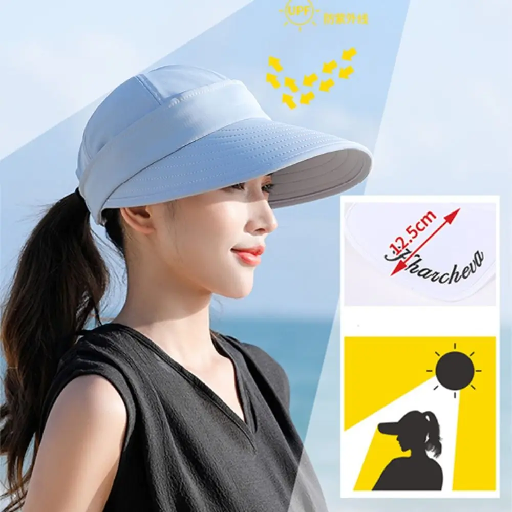 Outdoor Wide Brim Women Summer Sun Hat UV Protection Foldable Empty Top Ponytail Cap Detachable Adjustable Beach Cap