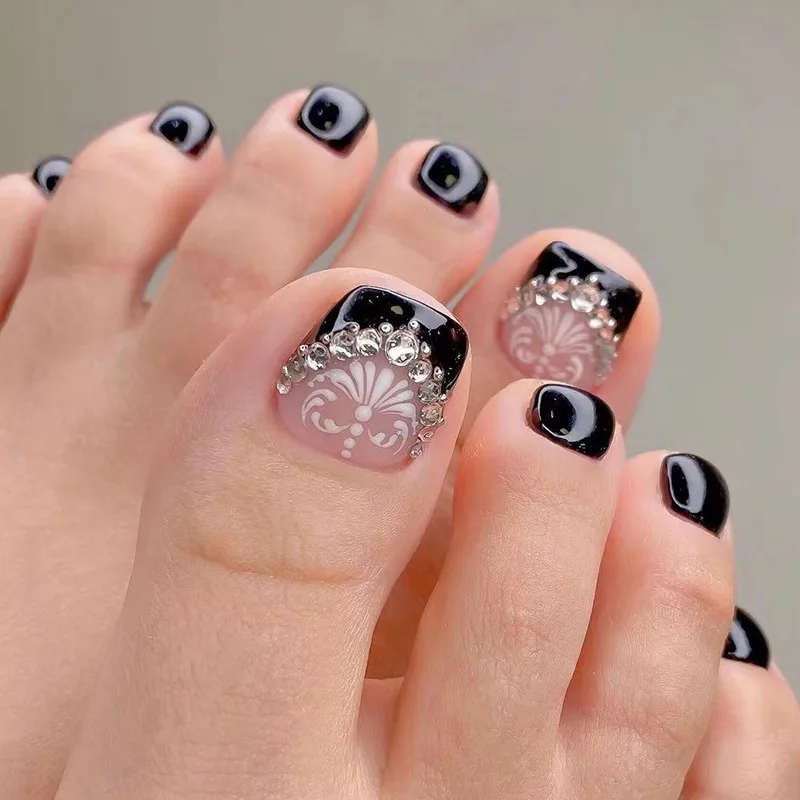 24pcs/set short square teo nails Colorful Flower summer fake nail tips glitter rhinestones floral press on false nail art kit