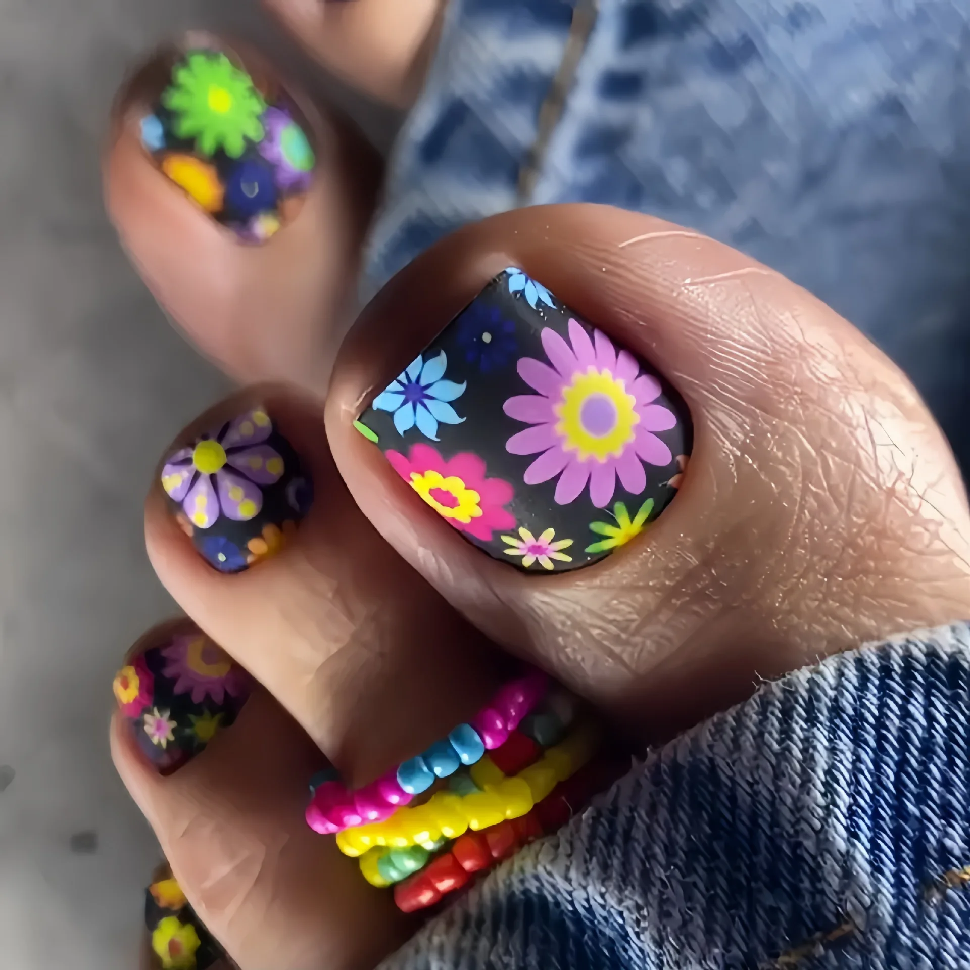 24pcs/set short square teo nails Colorful Flower summer fake nail tips glitter rhinestones floral press on false nail art kit