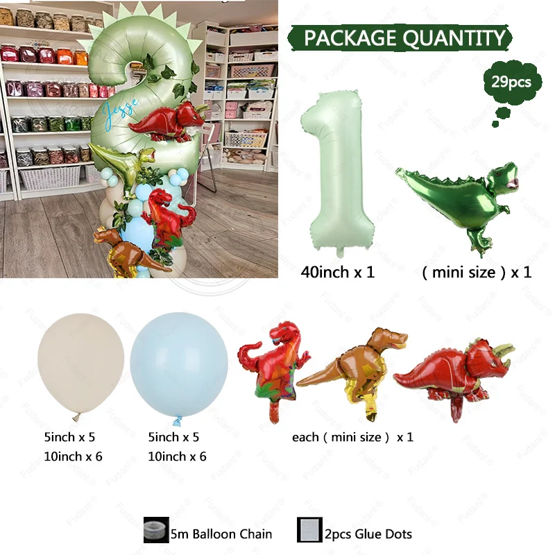 29pcs Dinosaur Theme Balloons 40inch Green Digital Birthday Balloon Baby Shower birthday party Jungle Dinosaur Decoration