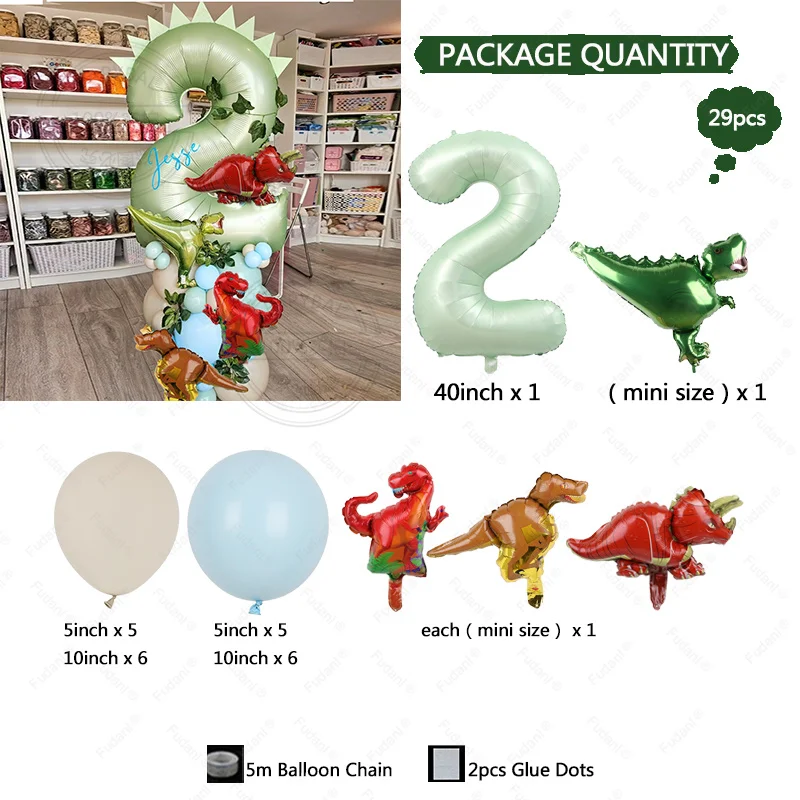 29pcs Dinosaur Theme Balloons 40inch Green Digital Birthday Balloon Baby Shower birthday party Jungle Dinosaur Decoration