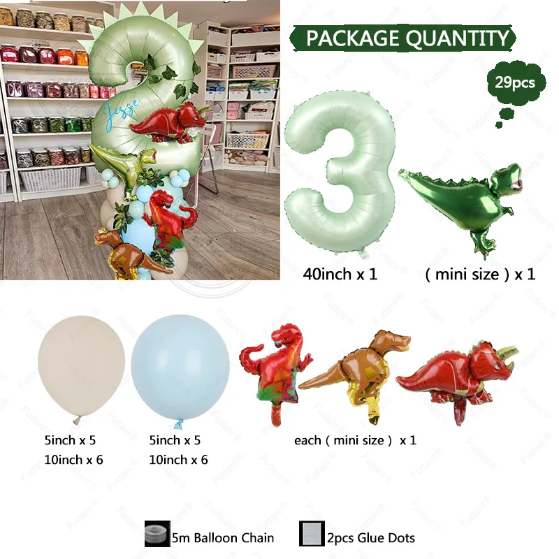 29pcs Dinosaur Theme Balloons 40inch Green Digital Birthday Balloon Baby Shower birthday party Jungle Dinosaur Decoration