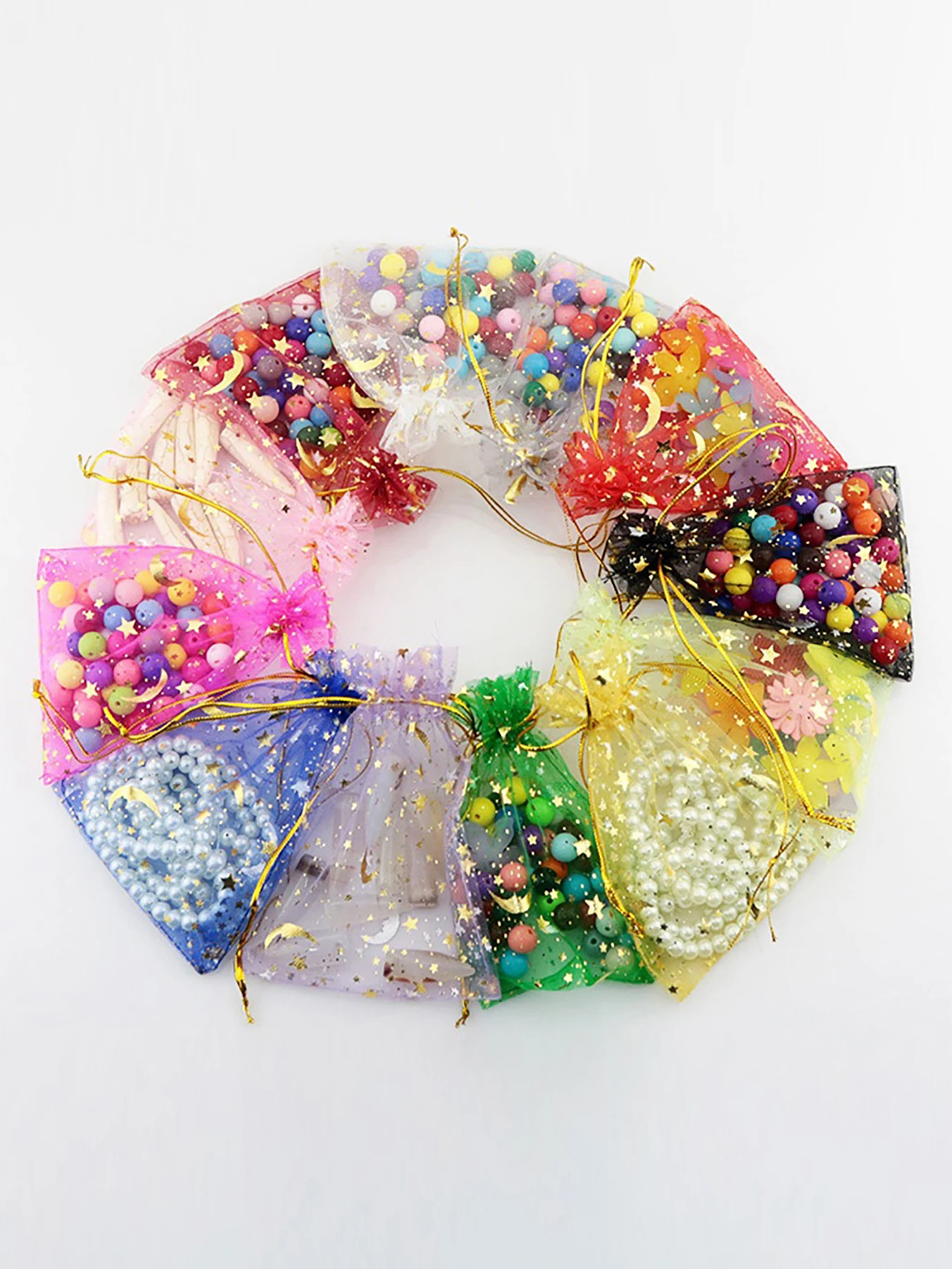 100PCS Moon Stars Drawstring Organza Bags Jewelry Gift Bags Pouches Gold Star Organza Favor Pouches for Christmas Wedding