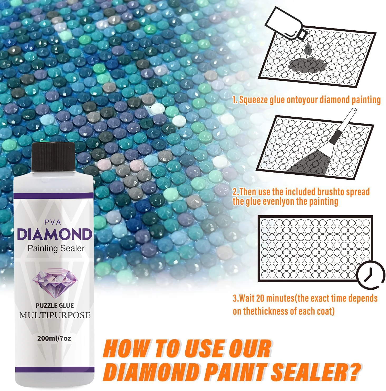 2 In 1 60ML/200ML Diamond Painting Sealer 5D Diamond Painting Art Glue And Silicone Brush Permanent Hold & Shine Effect Sealer