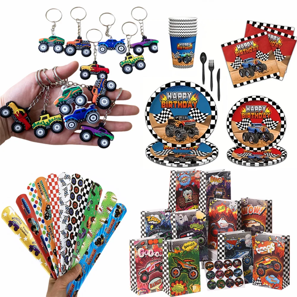 Racing Monster Truck Birthday Party Supplies Tableware Gift Bag Keychain Temporary Tattoos Stickers Balloon Slap Bracelets