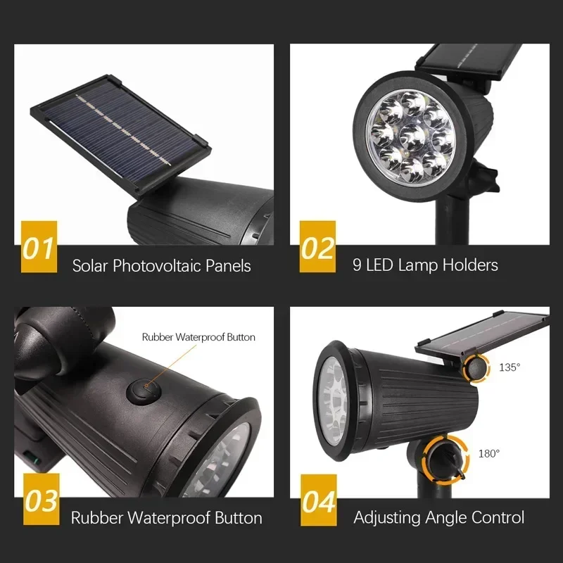 9/4 LED Solar LED Light Spotlights Outdoor IP65 Waterproof Lights Brightness Adjustable for Garden Backyard Driveway Patio Decor
