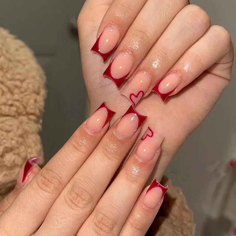 24Pcs Simple Red French Fake Nail Art Set Short Square False Nails with Glue Detachable Nail Tips Love Pattern Press on Nails
