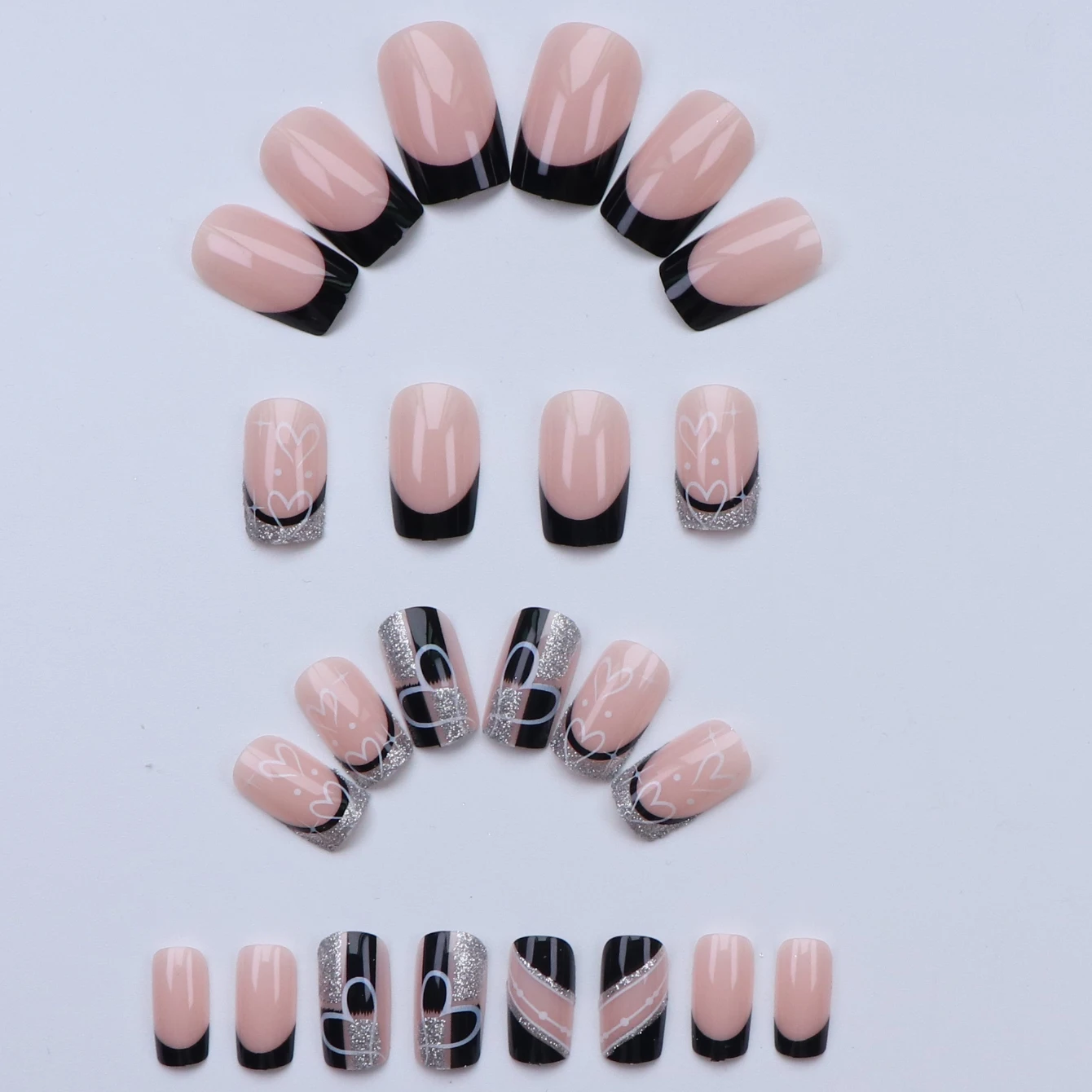 24pcs Black Square Silver Glitter Fake Nails Detachable and Reusable Jelly Glue 1pc Cuticle Pusher Suitable for Girl and Women