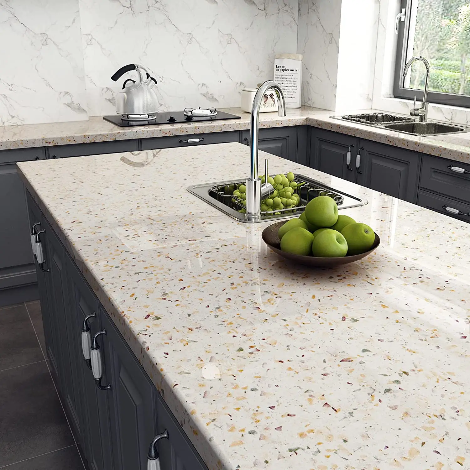 Terrazzo Countertops Waterproof Kitchen Countertop Marble Wallpaper Vinyl Self Adhesive White Granite Countertop Contact Paper