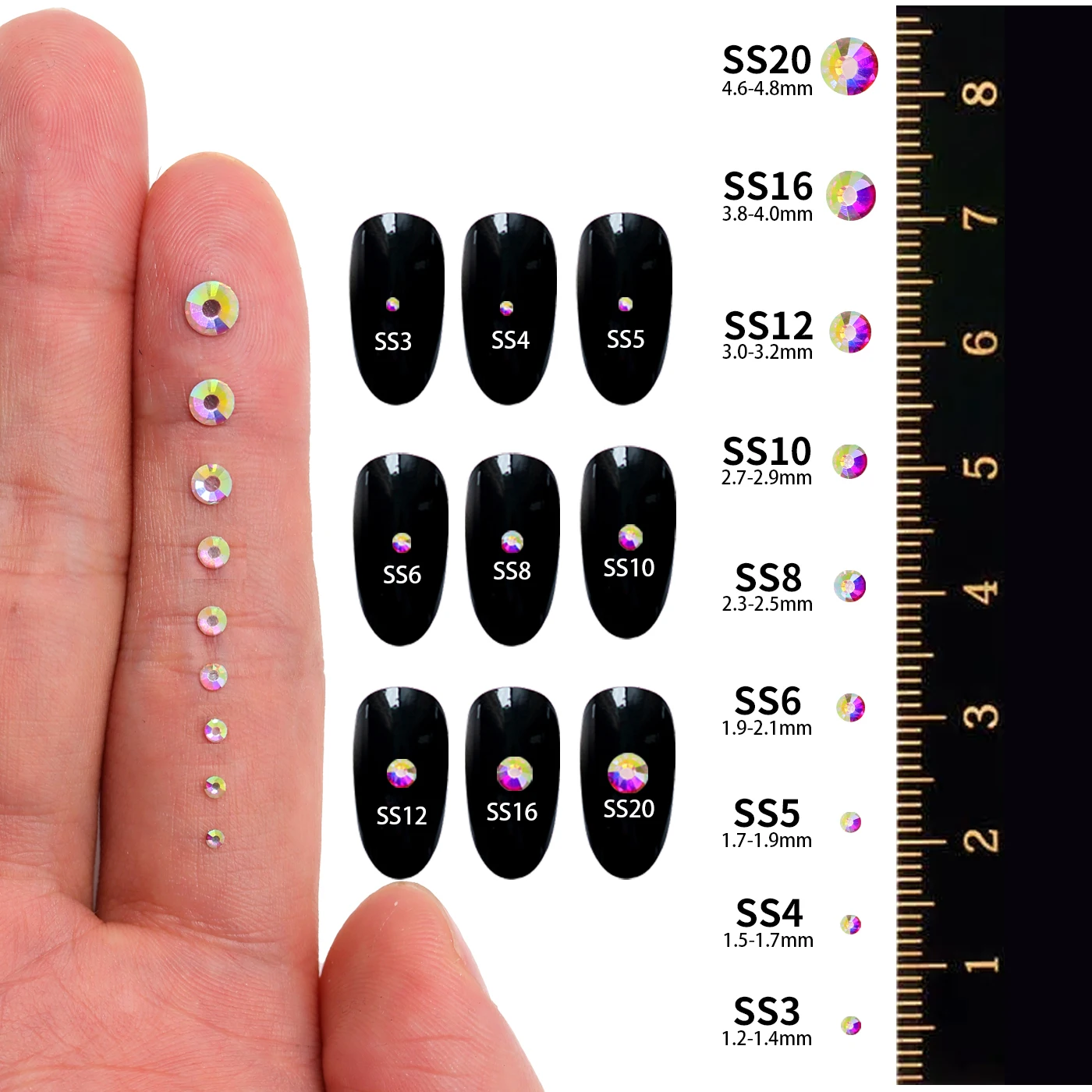QIIY SS6-SS20 1440Pcs Top Glass Crystal Hotfix Rhinestones Flatback Glitter Stones Nail Art Decorations DIY Accessoriesries
