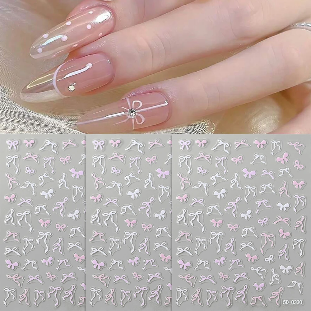 1pcs 5D Sweet Bow Nail Sticker Kawaii Pink Black White Long Ribbon Bowknot Self Adhesive Nail Art Stickers Decoration Decals DIY