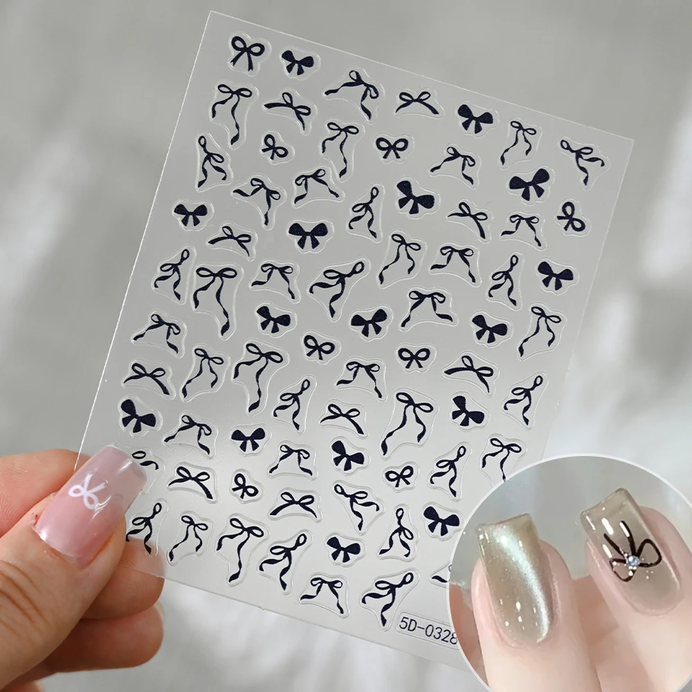 1pcs 5D Sweet Bow Nail Sticker Kawaii Pink Black White Long Ribbon Bowknot Self Adhesive Nail Art Stickers Decoration Decals DIY