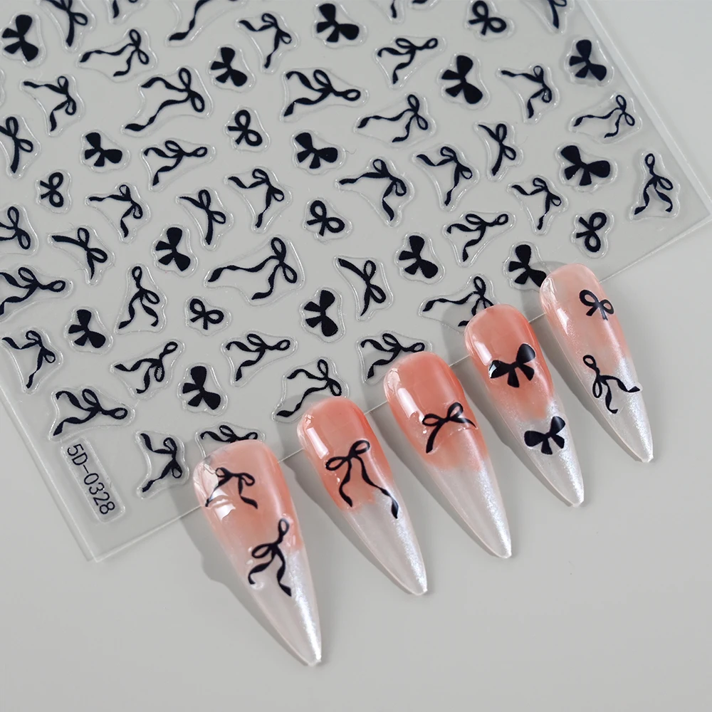 1pcs 5D Sweet Bow Nail Sticker Kawaii Pink Black White Long Ribbon Bowknot Self Adhesive Nail Art Stickers Decoration Decals DIY
