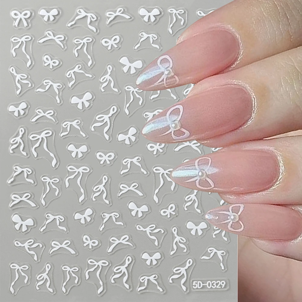 1pcs 5D Sweet Bow Nail Sticker Kawaii Pink Black White Long Ribbon Bowknot Self Adhesive Nail Art Stickers Decoration Decals DIY
