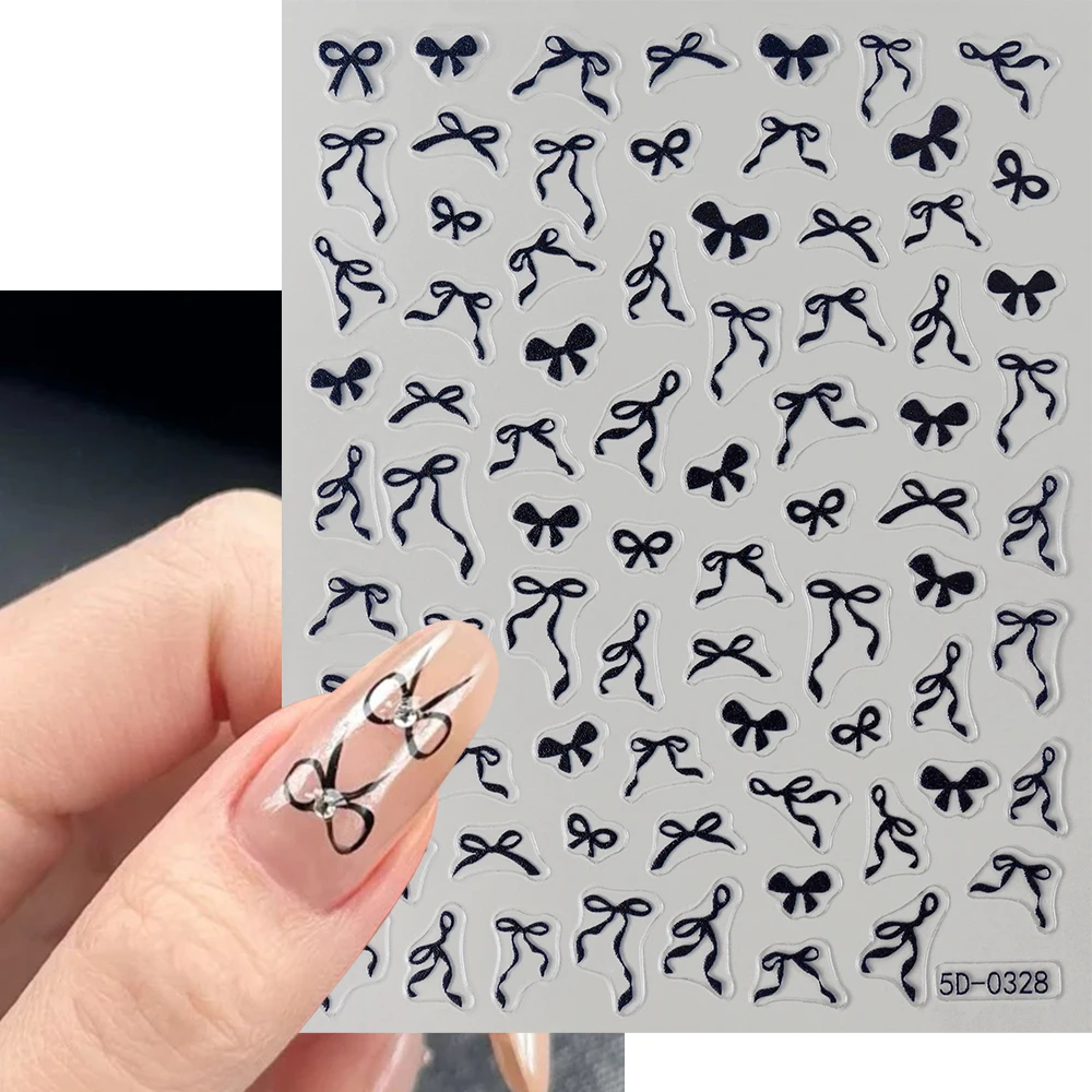 1pcs 5D Sweet Bow Nail Sticker Kawaii Pink Black White Long Ribbon Bowknot Self Adhesive Nail Art Stickers Decoration Decals DIY