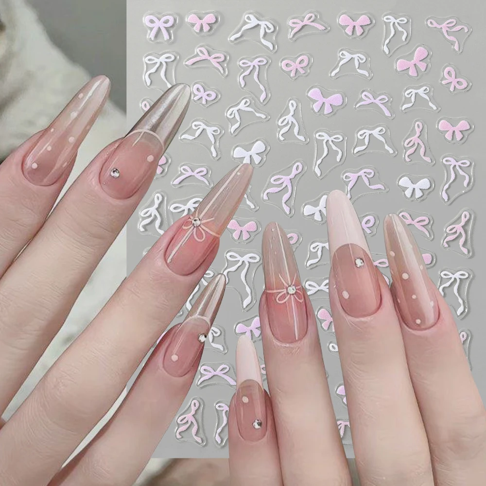 1pcs 5D Sweet Bow Nail Sticker Kawaii Pink Black White Long Ribbon Bowknot Self Adhesive Nail Art Stickers Decoration Decals DIY