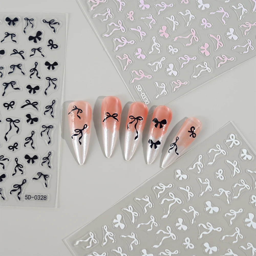 1pcs 5D Sweet Bow Nail Sticker Kawaii Pink Black White Long Ribbon Bowknot Self Adhesive Nail Art Stickers Decoration Decals DIY