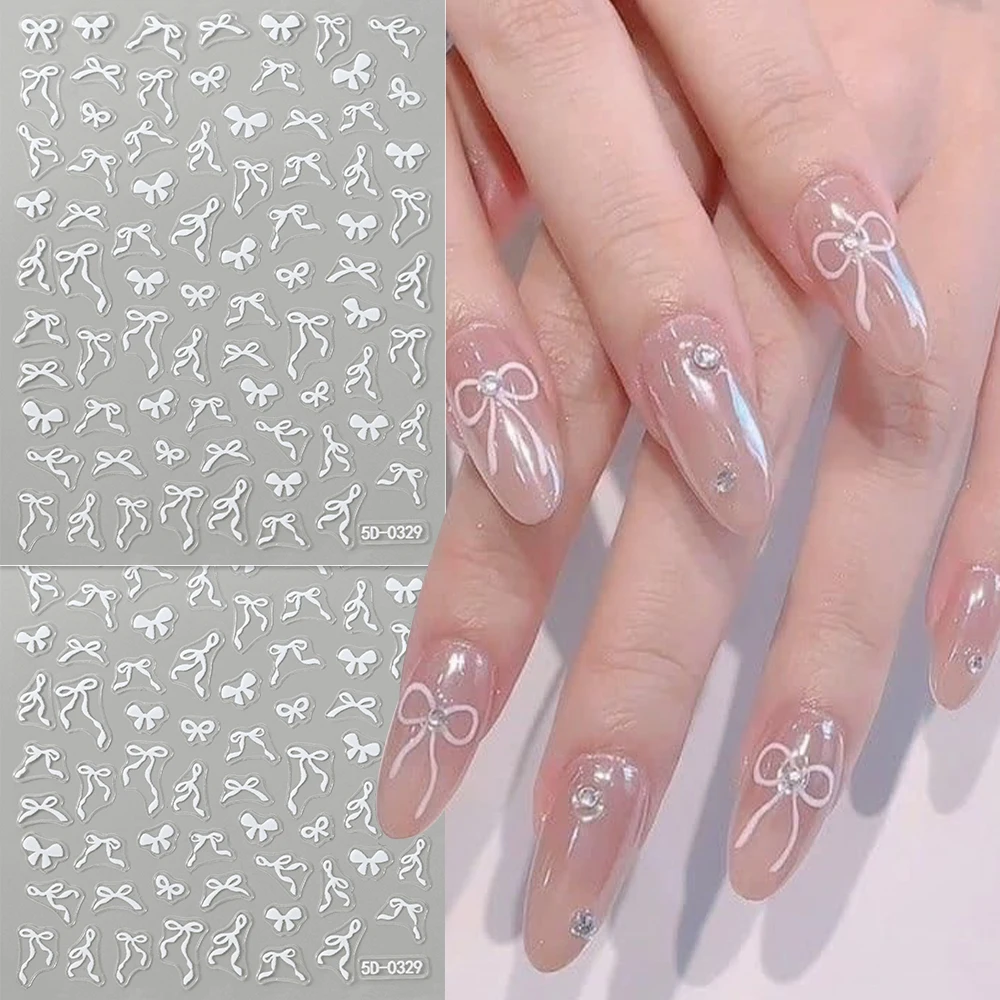 1pcs 5D Sweet Bow Nail Sticker Kawaii Pink Black White Long Ribbon Bowknot Self Adhesive Nail Art Stickers Decoration Decals DIY