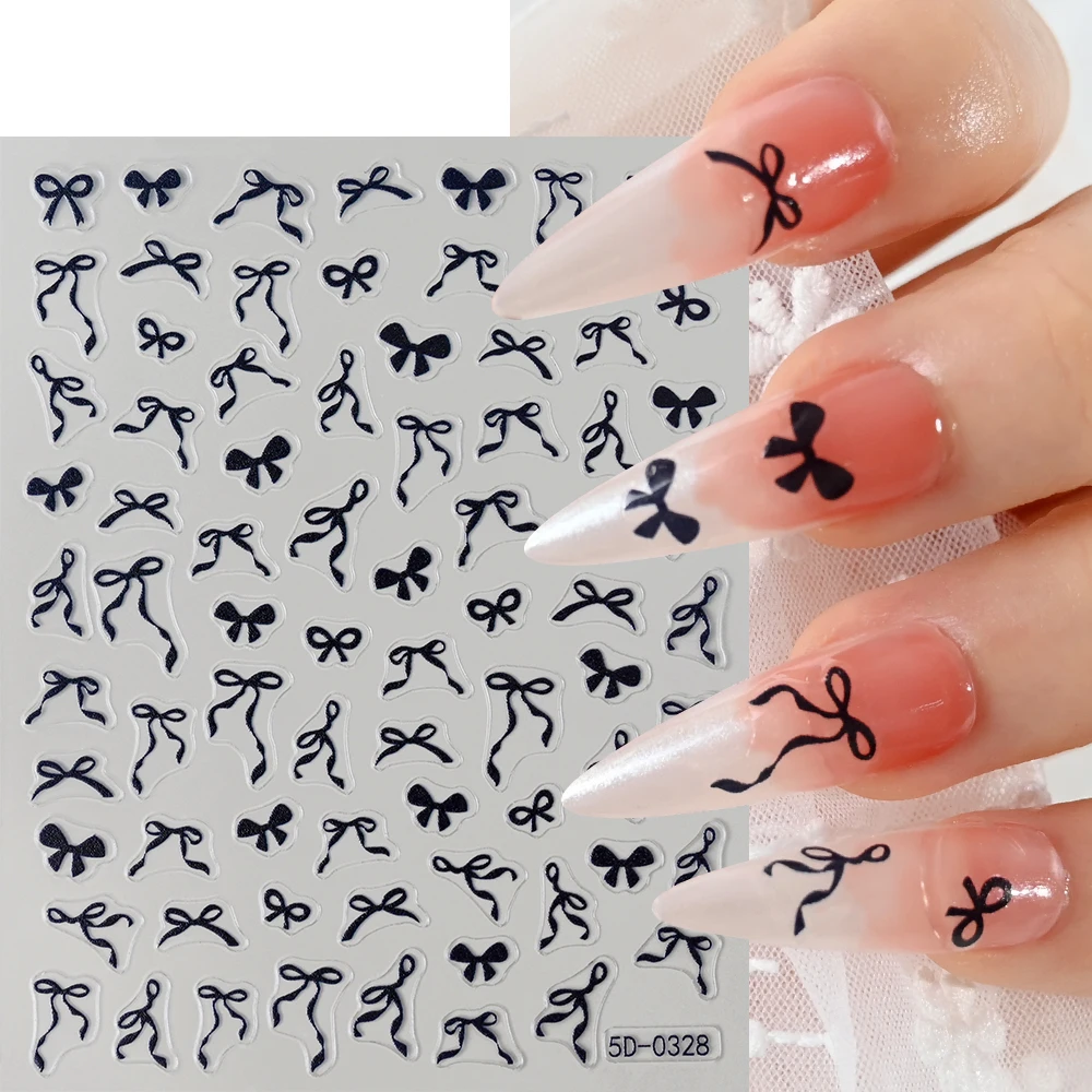 1pcs 5D Sweet Bow Nail Sticker Kawaii Pink Black White Long Ribbon Bowknot Self Adhesive Nail Art Stickers Decoration Decals DIY