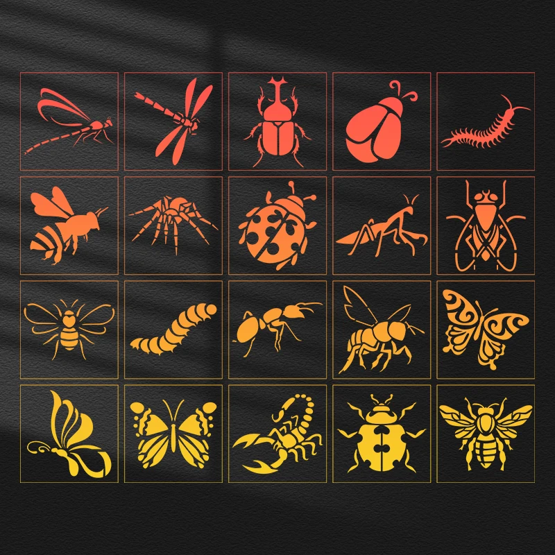 YOMDID 20pcs Insect Series Painting Hollow Out Stencils Reusable DIY Dragonfly, Bee, and other Insect Pattern Graffiti Templates