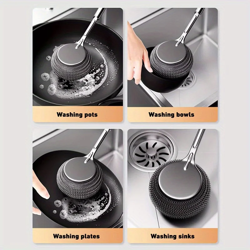 1pc Stainless Steel Pot With Handle Long Brush Kitchen Specific Washing Pot Steel Wire Ball
