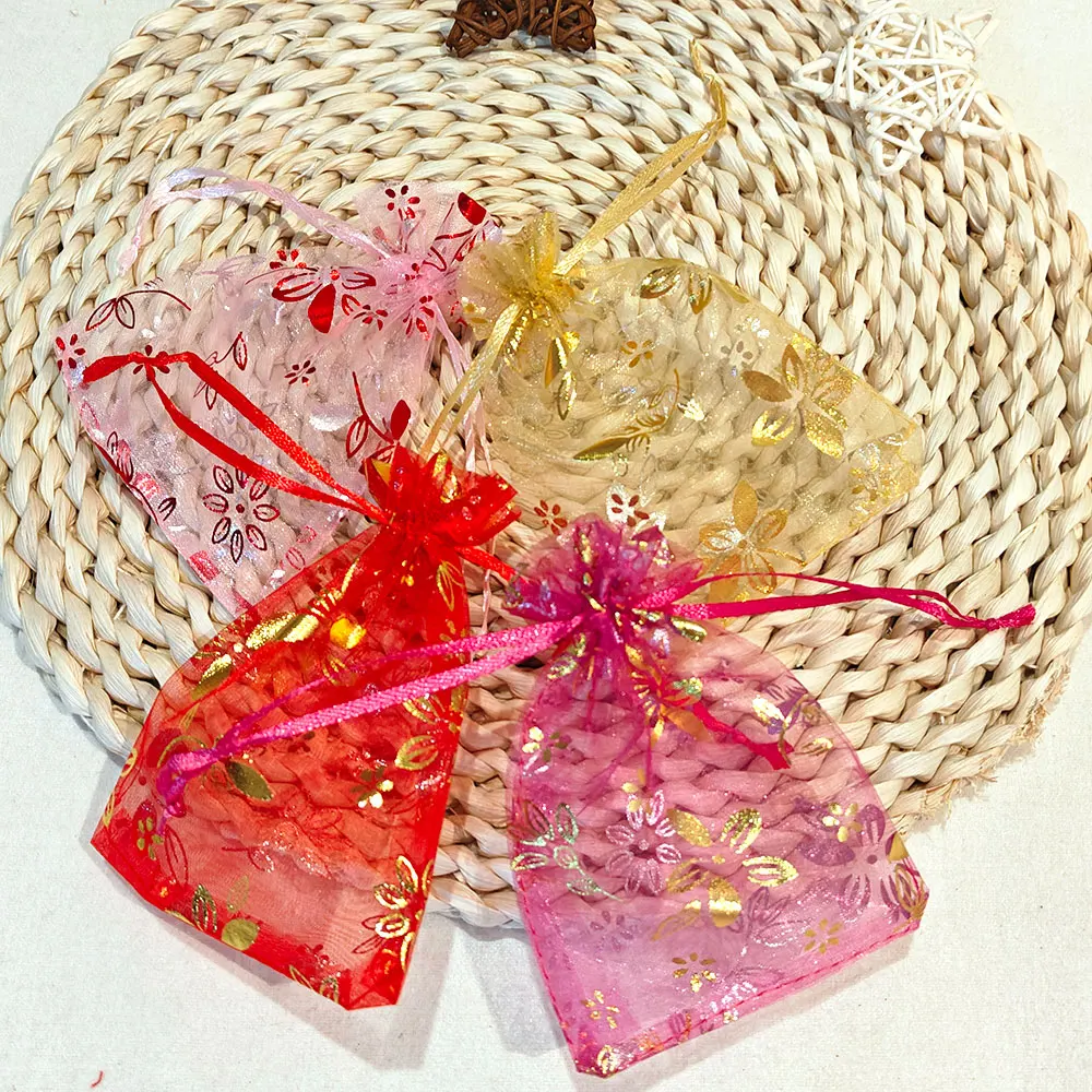25/50/100pcs Organza Gift Bag 9x12cm 10x15cm Bauhinia Foil Stamping Flower Print Wedding Party Candy Jewelry Packaging Pouches