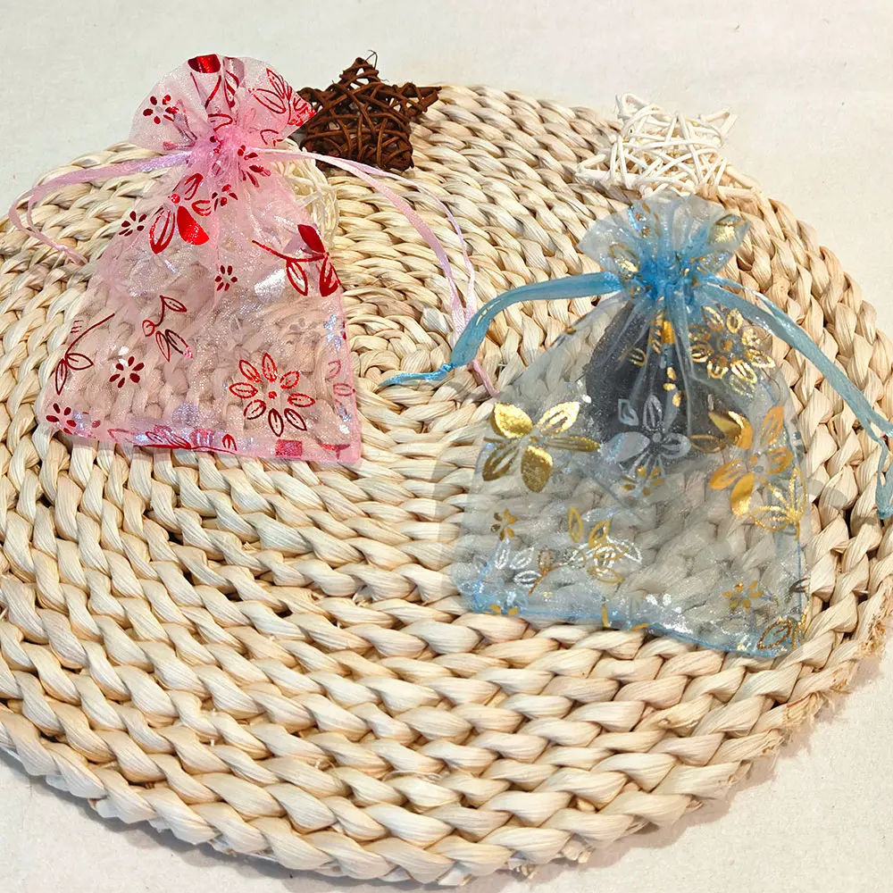 25/50/100pcs Organza Gift Bag 9x12cm 10x15cm Bauhinia Foil Stamping Flower Print Wedding Party Candy Jewelry Packaging Pouches