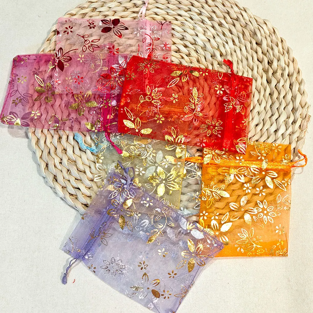 25/50/100pcs Organza Gift Bag 9x12cm 10x15cm Bauhinia Foil Stamping Flower Print Wedding Party Candy Jewelry Packaging Pouches