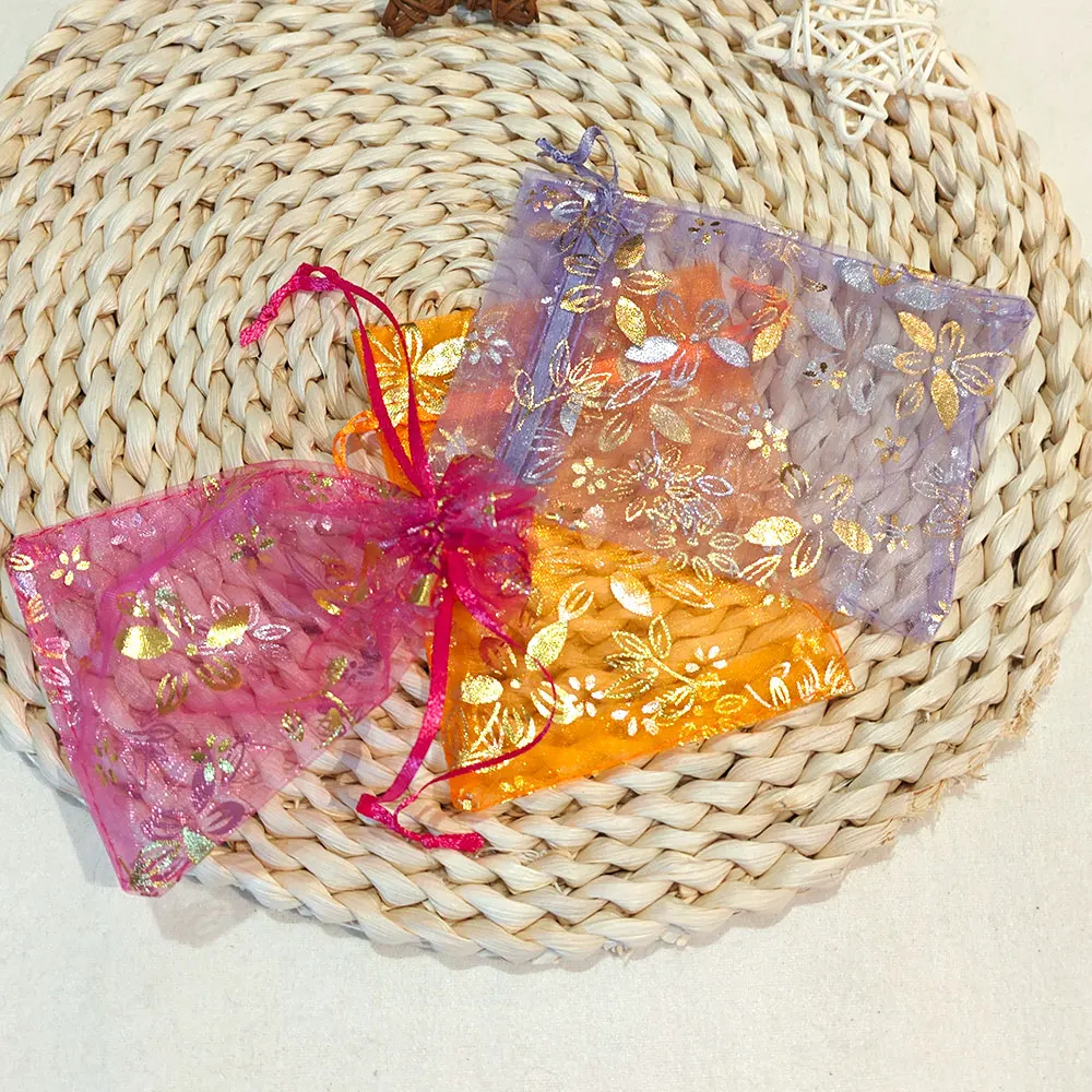 25/50/100pcs Organza Gift Bag 9x12cm 10x15cm Bauhinia Foil Stamping Flower Print Wedding Party Candy Jewelry Packaging Pouches