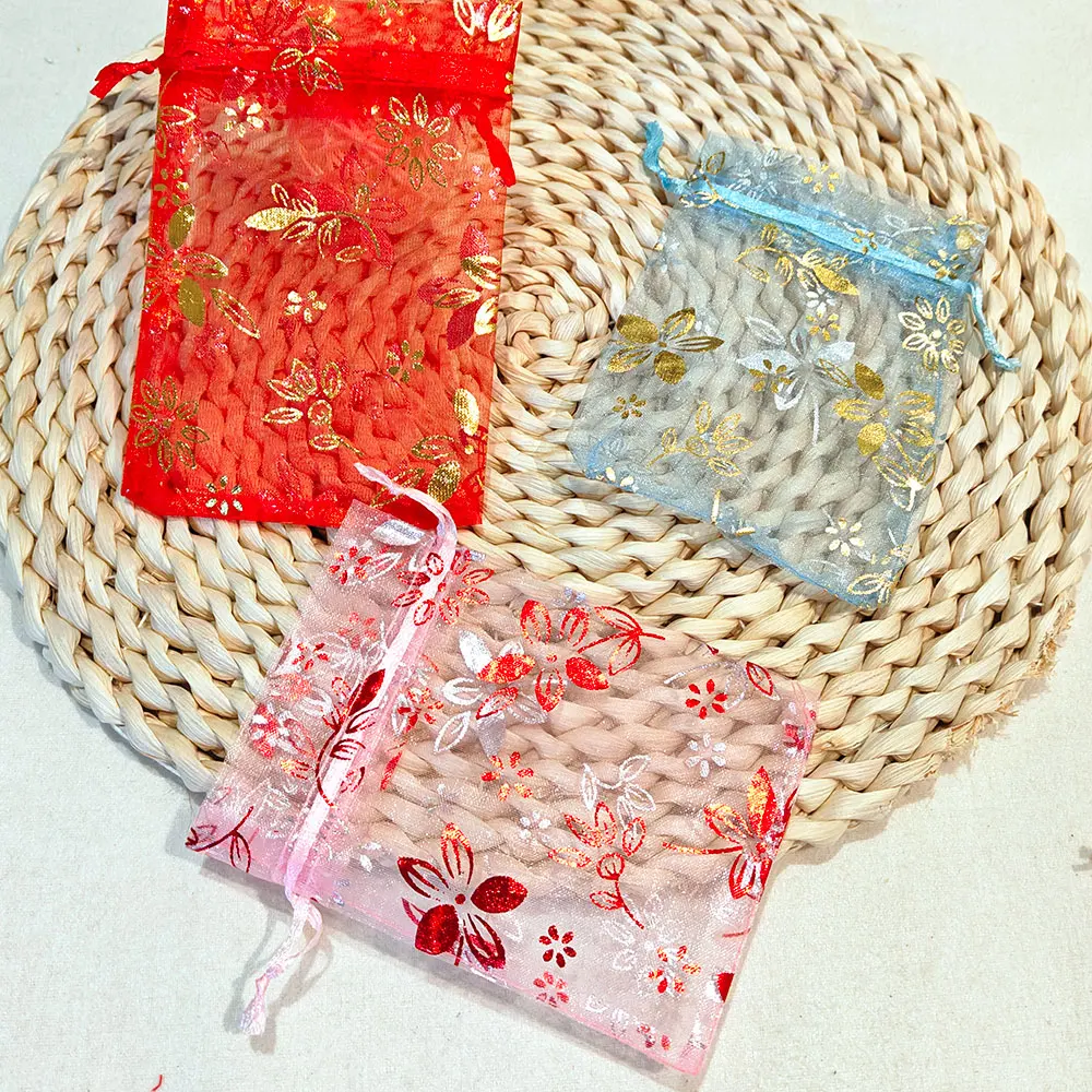 25/50/100pcs Organza Gift Bag 9x12cm 10x15cm Bauhinia Foil Stamping Flower Print Wedding Party Candy Jewelry Packaging Pouches