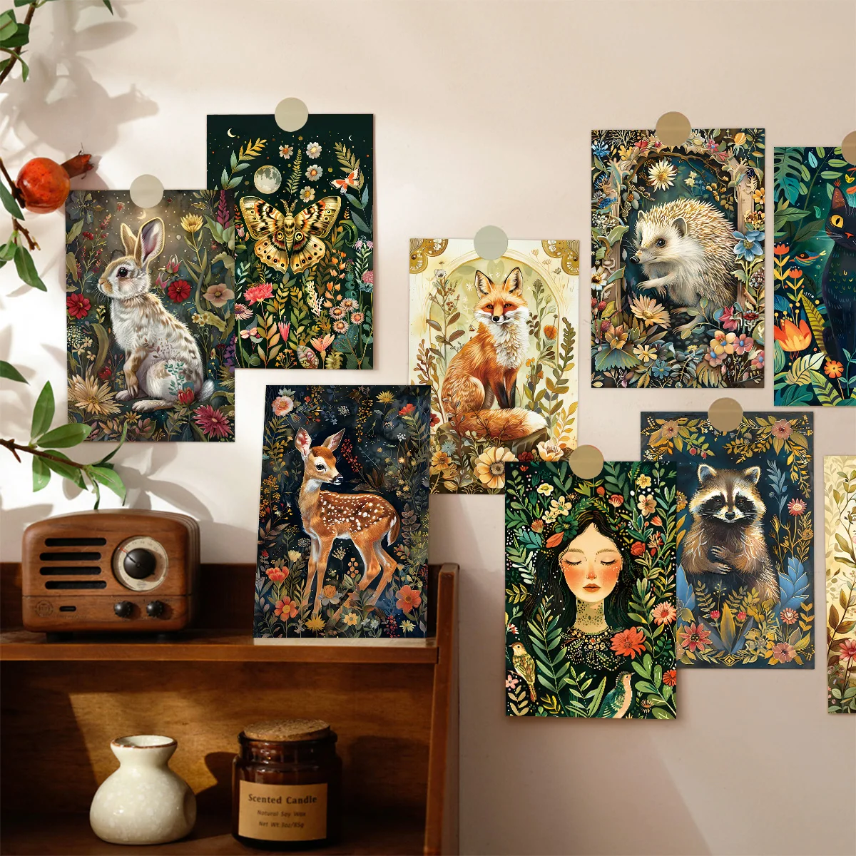 12pcs Enchanted Midnight Woodland Animals Postcards,Floral & Fauna Greeting Cards without Envelopes,Wall Art Prints Home Decor