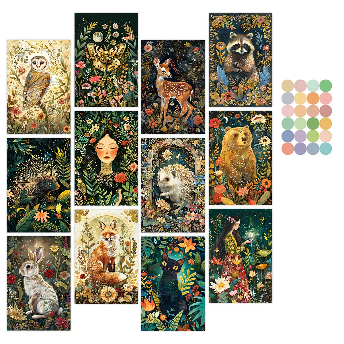 12pcs Enchanted Midnight Woodland Animals Postcards,Floral & Fauna Greeting Cards without Envelopes,Wall Art Prints Home Decor