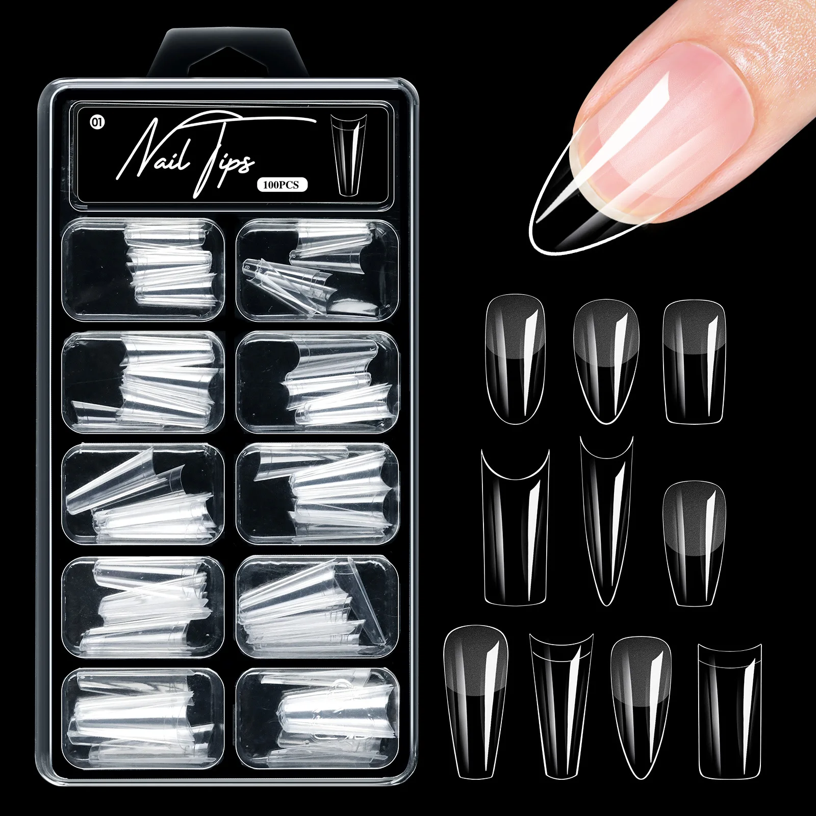 100pcs Almond Square Traceless Transparent False Nail Stickers Full Cover Pressed Nail Acrylic Suitable for Nail Art Extension