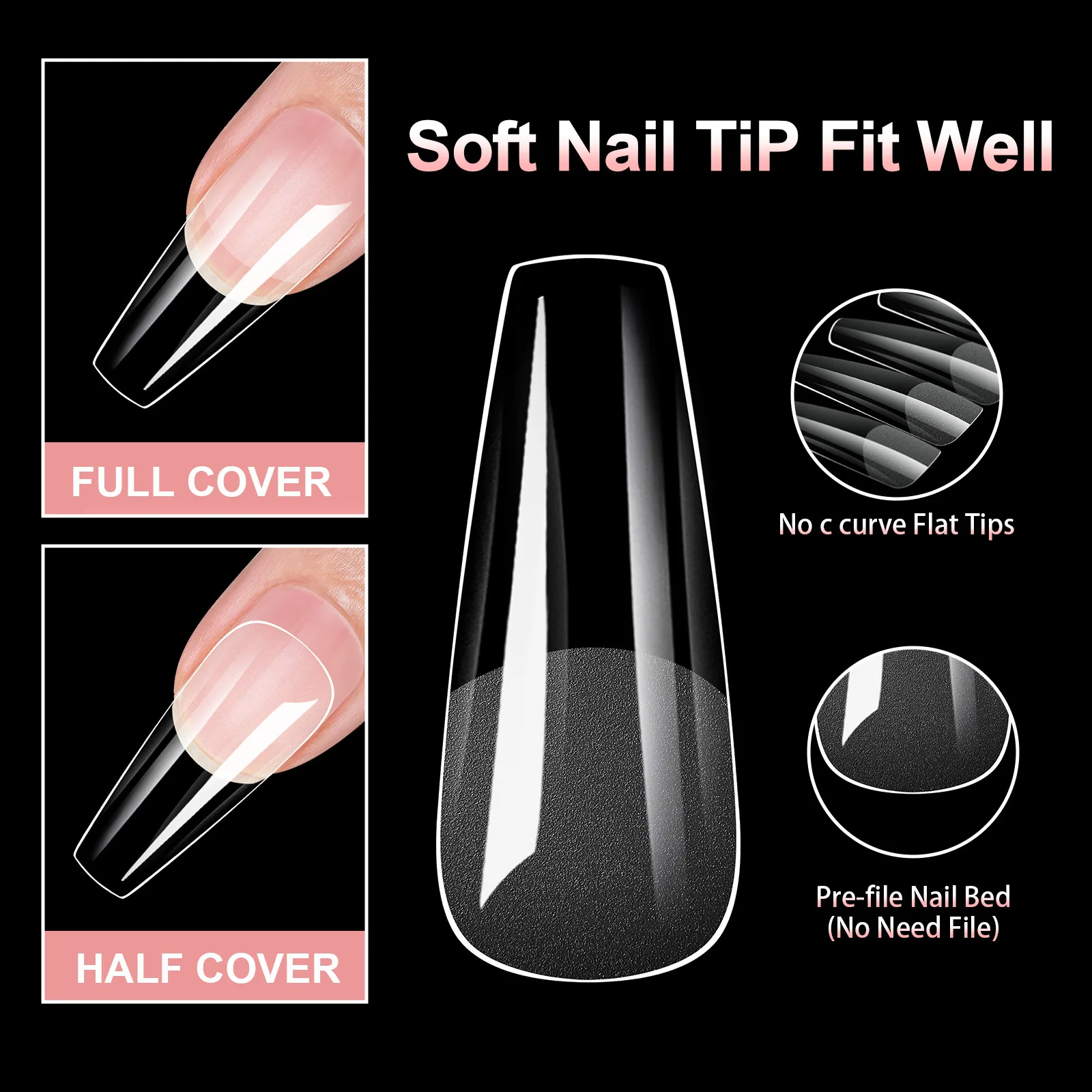 100pcs Almond Square Traceless Transparent False Nail Stickers Full Cover Pressed Nail Acrylic Suitable for Nail Art Extension