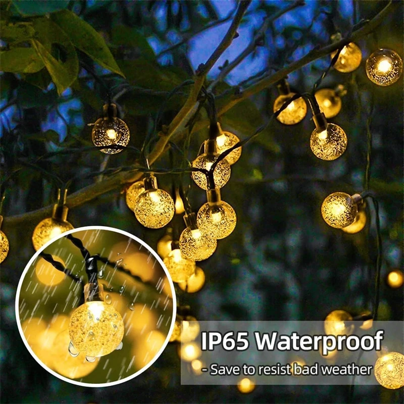 Updated Solar String Lights Outdoor Waterproof 60LED 8 Modes Crystal Globe Christmas Lights for Garden Lawn Porch Decor Camping
